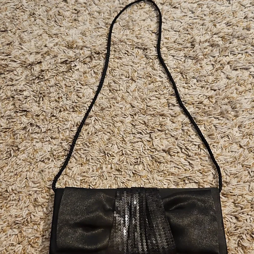 Jessica McClintock Black Satin Sequin Clutch Evening Bag